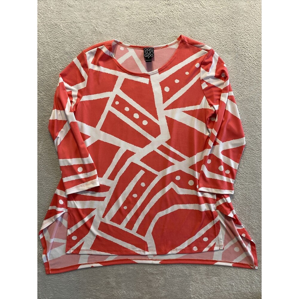 Clara Sun Woo Tunic Top Women's Medium Pink White Abstract Stretch Knit USA